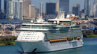 Royal Carribean Cruise Ship Navigator of the Seas departs Port of Miami almost empty due to Covid-19 Corona Virus like a ghost ship