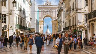 Lisbon city center, view of the Rua Augusta - the main thoroughfare in the historical centre of Lisbon, Portugal.