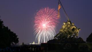 USA, District of Columbia, Washington DC, July 4 Fireworks Behind the Iwo Jima Memorial