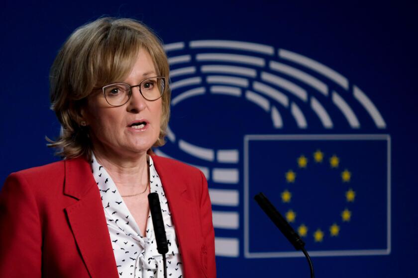 Brussels, Belgium. 2nd Oct, 2020. EU commissioner in charge of Financial services, Financial stability and the Capital Markets Mairead McGuinness gives a press statement after her hearing before the Economic and Monetary Affairs Committee of the European 