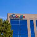 Google sign and logo on its Google center building in Irvine California USA