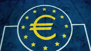 ? Euro symbol woven into lift carpet, ECB, Frankfurt, Germany.. Image shot 2006. Exact date unknown.