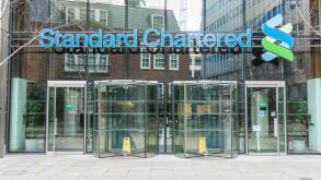 Exterior of Headquarters of the Standard Chartered Bank on Basinghall Avenue in London, England, UK