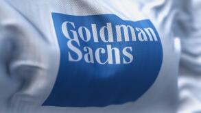 New York, US, Aug. 1 2023: Close-up of Goldman Sachs bank flag waving. Illustrative editorial 3d illustration. Finance and banking. Selective focus