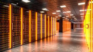 Modern data center server room glowing with orange lights 3d background
