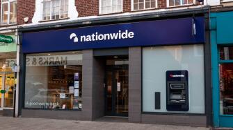 Nationwide bank branch in Bishops Stortford, Hertfordshire. Features the bank's signage and an ATM.