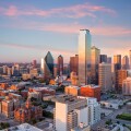 Dallas, Texas cityscape with blue sky at sunset