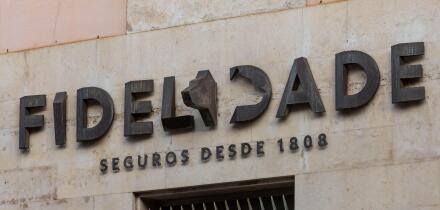 Fidelidade logo sign at an office. Fidelidade is a Portuguese insurance company and with its headquarters in Lisbon.