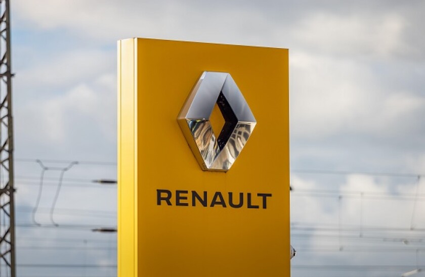 Renault logo sign of the French automotive brand. The emblem is at the exterior of a car dealer. The Industry in Europe is a big employer.