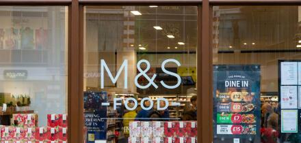 M&S food foodhall window sign, canterbury, kent, uk