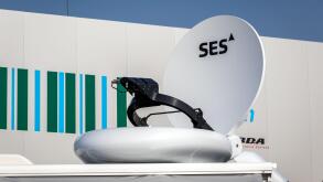 SES Satellites satellite dish on top of a vehicle. Paris, France - June 22, 2017