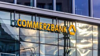 Commerzbank logo on glass facade, Dresden, Germany