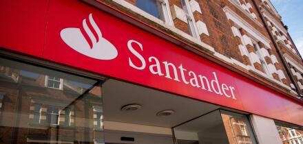 London- April 2022:  Santander high street bank branch, a Spanish multinational bank and financial services company