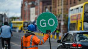A member of a traffic management team seen in Dublin city center during the final days of the COVID-19 lockdown. On Saturday, 8 May 2021, in Dublin, Ireland. (Photo by Artur Widak/NurPhoto)
