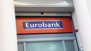 The sign on a branch of Eurobank in Heraklion (Iraklio), Crete.