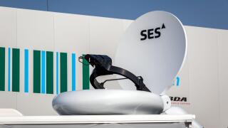 SES Satellites satellite dish on top of a vehicle. Paris, France - June 22, 2017