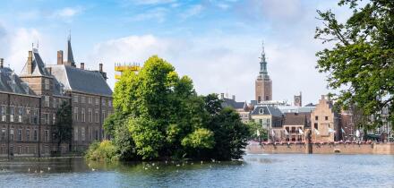 scenic view of a city waterfront with historic buildings and a lush green island in the middle of the water, the hague