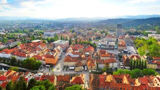 Panoramic aerial view of Ljubljana city . Slovenia