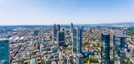 Germany, Hesse, Frankfurt am Main, aerial view of Frankfurt's Bankenviertel highrise
