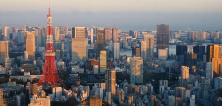 Tokyo Tower and city skyline at sunset, Minato district, Tokyo, Japan