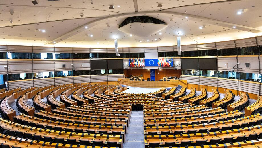 The hemicycle at Espace Leopold, European Parliament building, Brussels, Belgium