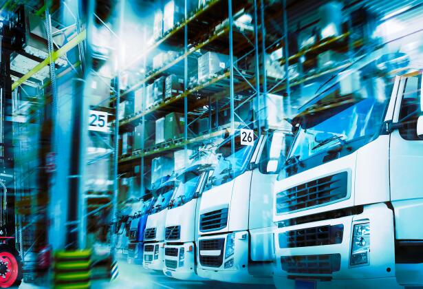 Logistics in modern transportation with warehouse, trucks and forklifts