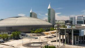 Beautiful view to modern buildings in Parque das Nacoes area in Lisbon, Portugal