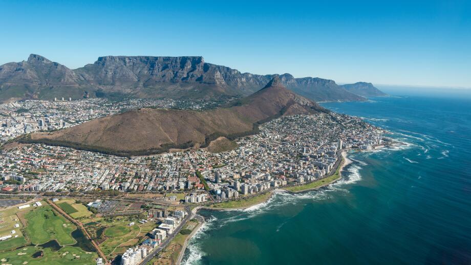 Aerial view of city and beaches, Cape Town, Western Cape Province, Republic of South Africa