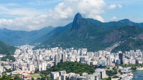 Rio de Janeiro city, Brazil - aerial from Sugarloaf Mountain; Christ the Redeemer statue on Corcovado mountain in background