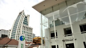 Modern buildings and bank, Banco Internacional, Santiago, Chile