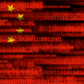 A digital graphic of China's flag superimposed on red binary