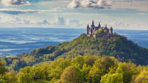 Aerial view of famous Hohenzollern Castle, one of Europe's most visited castles, at sunset, Baden-Wurttemberg, Germany