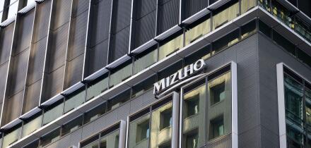 Logo of Mizuho Bank on their headquarter building in Otemachi, Tokyo on November 25, 2022.