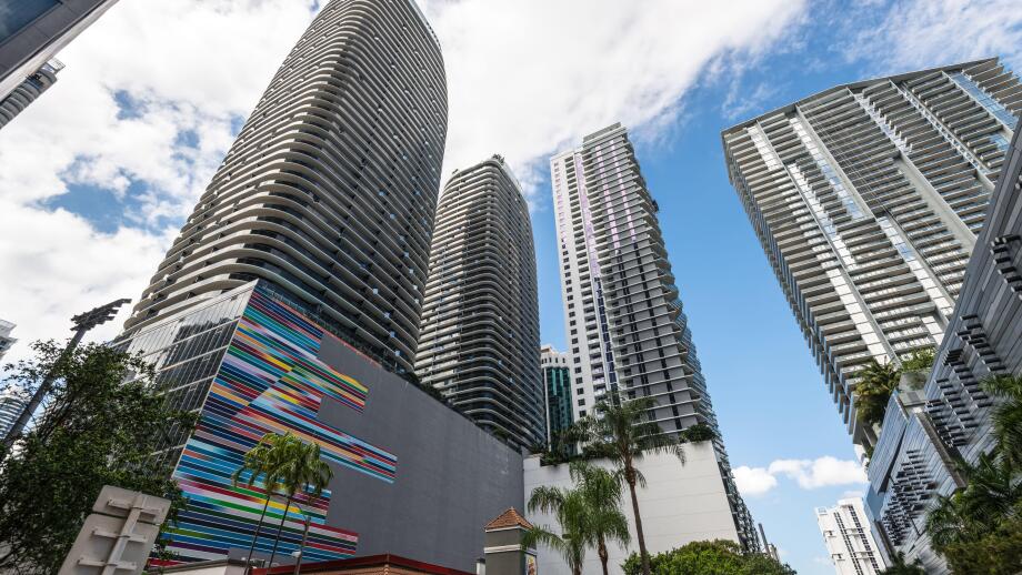 Miami, FL, USA - March 29, 2024: Miami wide-angle skyscraper cityscape of Brickell financial center on a beautiful spring day, Florida, USA.
