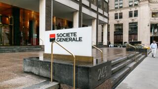 Societe Generale corporate signage by their office in midtown Manhattan.