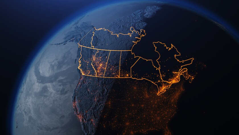 3D illustration of Canada and North America from space at night with city lights showing human activity in United States