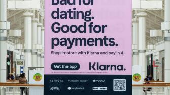 A large sized clever advertisement for Klarna Bank, Swedish fintech company that provides online financial services. Inside the Danbury Fair Mall.