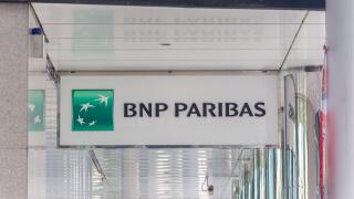 BNP Paribas bank logo installed on top of a ground floor ceiling for marketing purpose. Singapore.