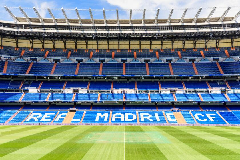 Stand and pitch at the Santiago Bernabeu Stadium, home of Real Madrid, Chamartin, Madrid, Spain