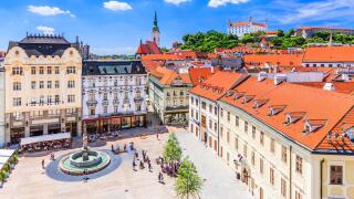 Bratislava, Slovakia. View of the Bratislava castle, main square and the St. Martin's Cathedral.
