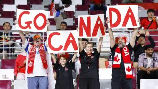 Canada supporters cheer ahead of a World Cup Group F football match against Croatia at Khalifa International Stadium in Doha, Qatar, on Nov. 27, 2022. (Kyodo)==Kyodo Photo via Credit: Newscom/Alamy Live News