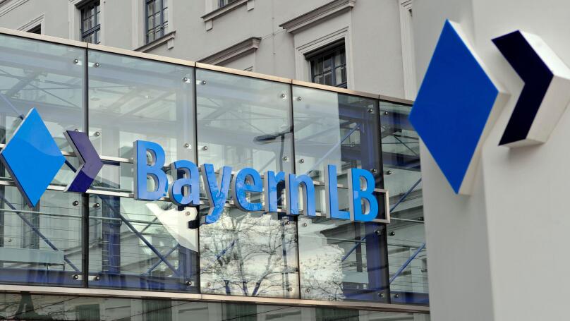 FILE - In this Dec. 1, 2008 file photo, the company logo of the BayernLB bank is seen at the headquarters in Munich, southern Germany. Prosecutors searched the offices of German bank BayernLB on Wednesday Oct. 14, 2009, as part of an investigation of a fo