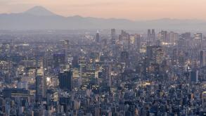 An aerial view of the Tokyo skyline at sunset.
