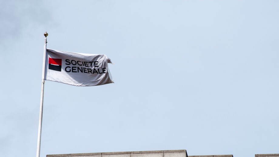 Societe Generale Bank flag on building in London UK. Image shot 2012. Exact date unknown.
