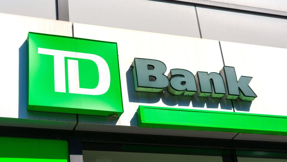 TD Bank sign, logo on bank branch. TD Bank, N.A., is an American national bank and subsidiary of the Canadian multinational Toronto-Dominion Bank - Ne