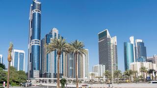 Tall skyscrapers against the blue sky. Dubai. UAE