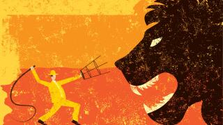 Lion Tamer
A lion tamer cracking his whip at a large lion head over an abstract background.