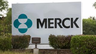 A logo sign outside of a facility occupied by Merck in Branchburg, New Jersey
