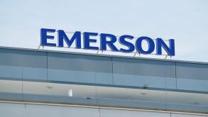 Baar, Zug, Switzerland - 28th March 2021 : Emerson Electric Co. company sign in Baar, Switzerland. Emerson is an American multinational corporation ma