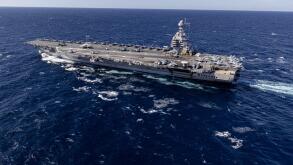 The world's largest aircraft carrier, USS Gerald R. Ford steams in the Atlantic Ocean, Nov. 12, 2024. The Gerald R. Ford Carrier Strike Group is under